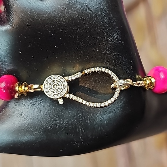 GENUINE RARE HANDSTRUNG BRIGHT PINK OPAL & DIAMOND PAVE 18" NECKLACE - Picture 4 of 15